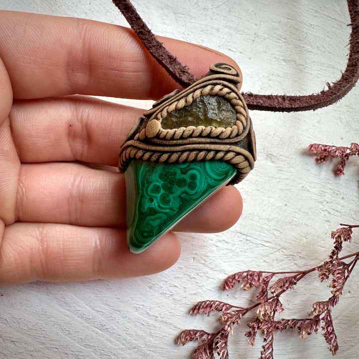 Malachite and Moldavite Pendant Necklace - FairyGardenGlow