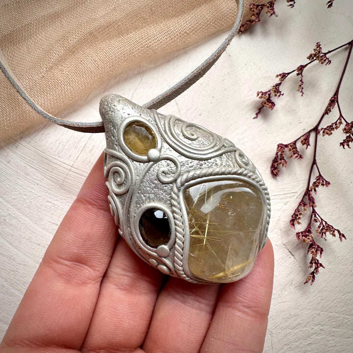 Rutilated Quartz Smoky Quartz and Citrine Necklace - FairyGardenGlow