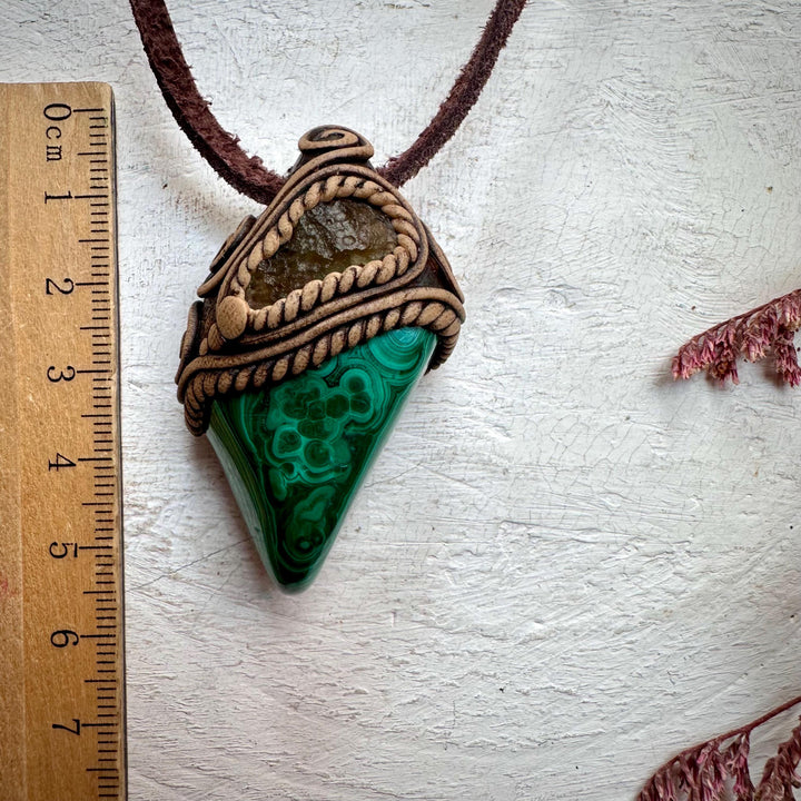 Malachite and Moldavite Pendant Necklace - FairyGardenGlow