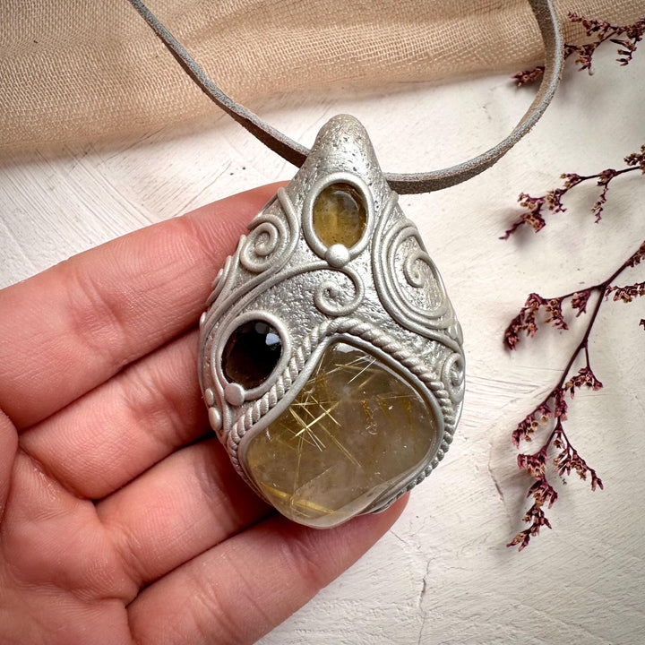 Rutilated Quartz Smoky Quartz and Citrine Necklace - FairyGardenGlow