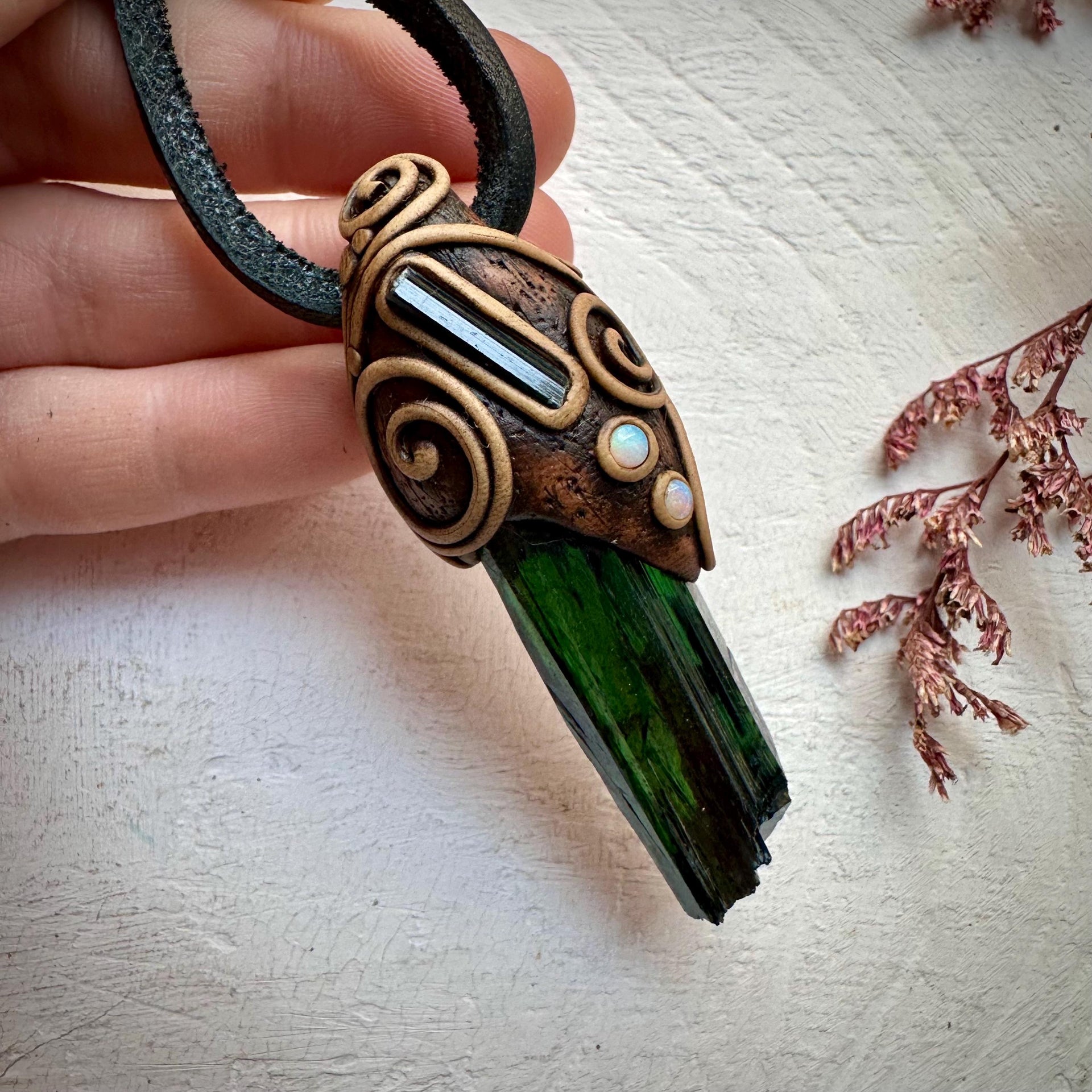 Vivianite Blue Tourmaline and Australian Opal Pendant Necklace - FairyGardenGlow