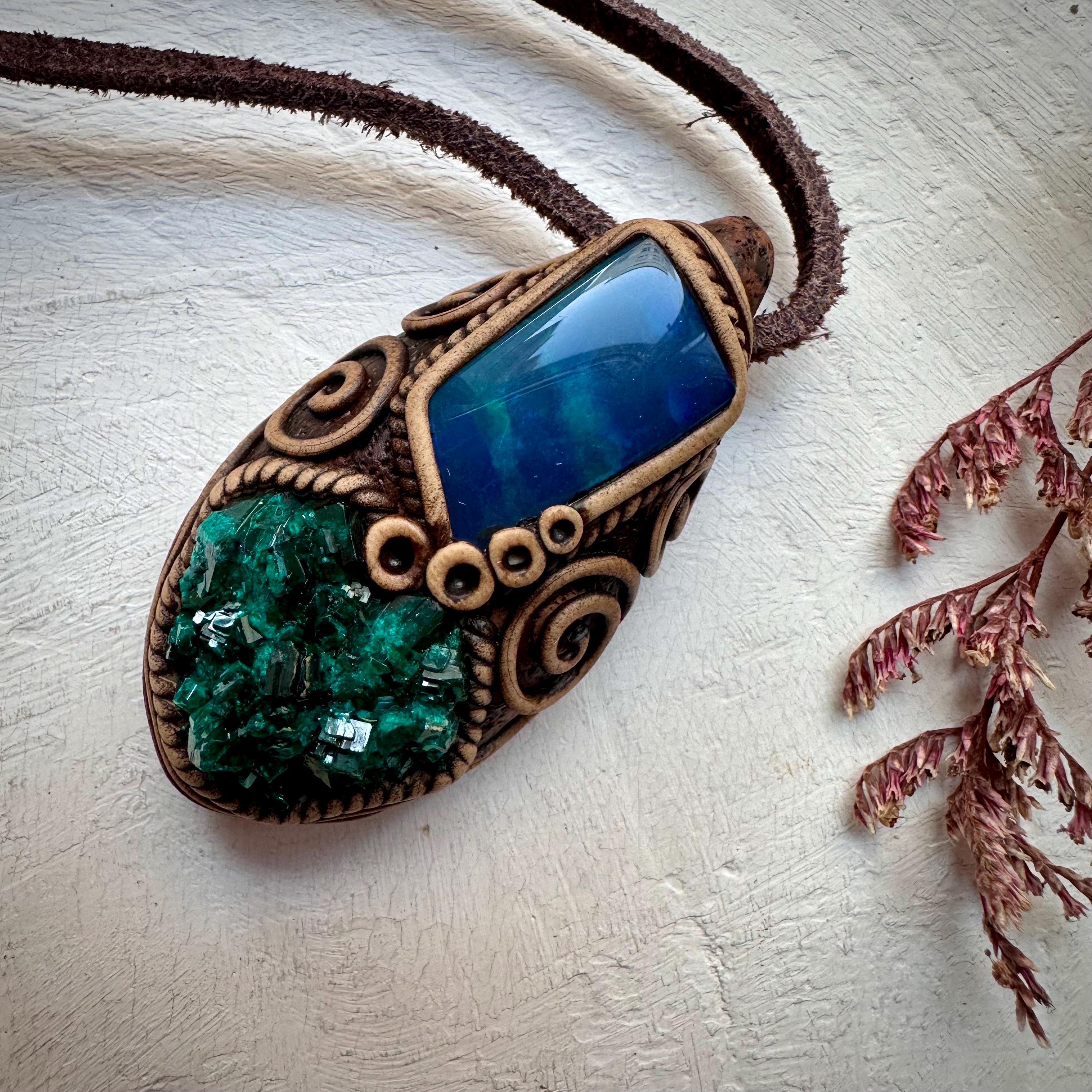 Dioptase and Australian Black Opal Doublet Necklace - FairyGardenGlow
