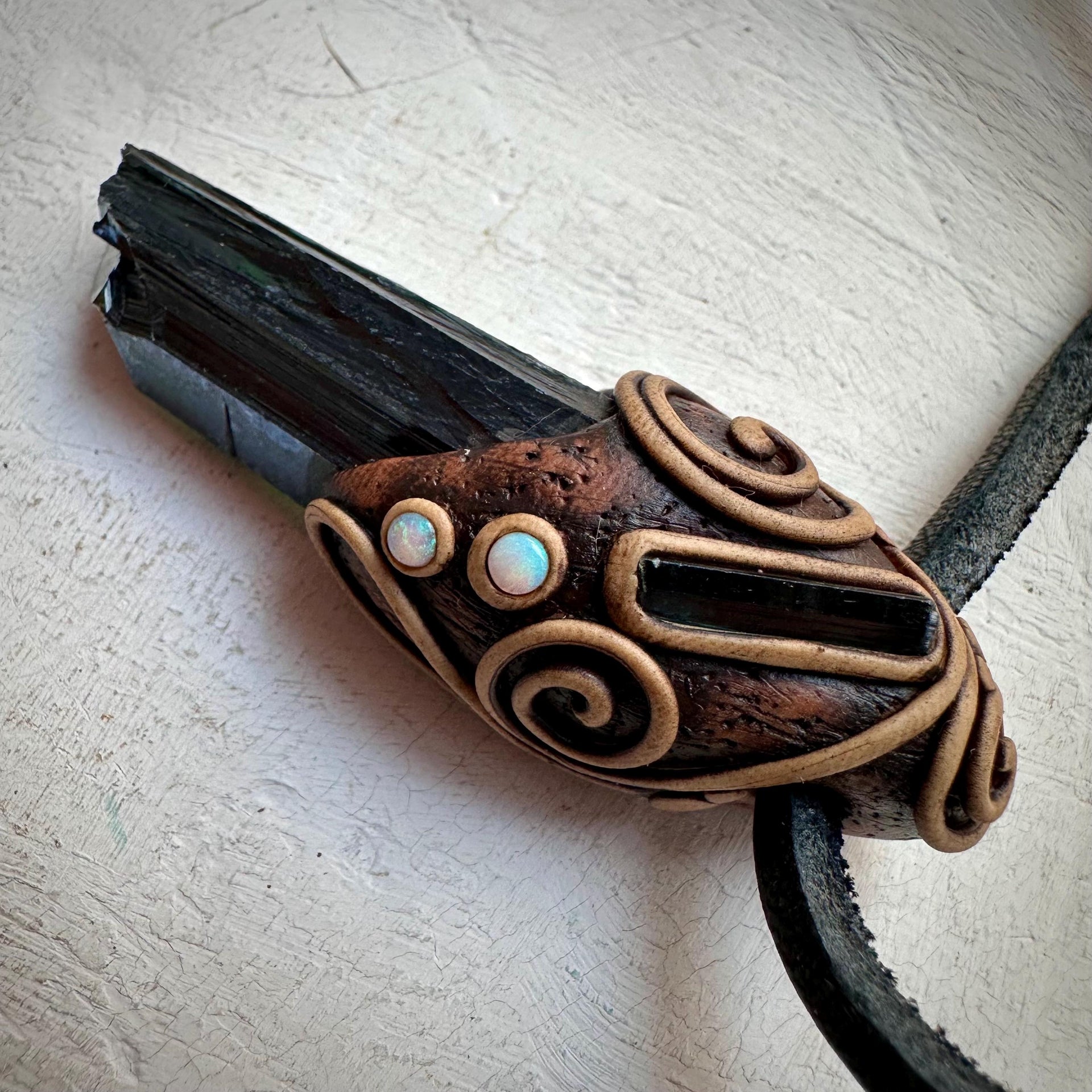 Vivianite Blue Tourmaline and Australian Opal Pendant Necklace - FairyGardenGlow