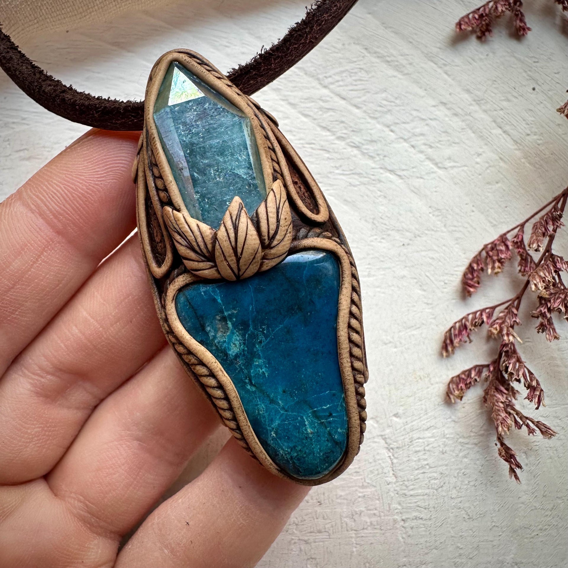 Shattuckite and Aqua Aura Quartz Pendant Necklace