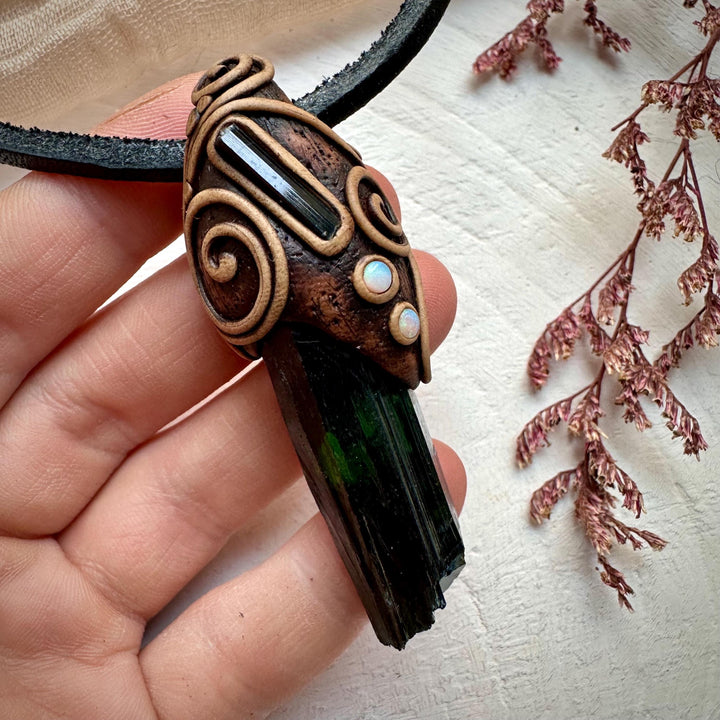 Vivianite Blue Tourmaline and Australian Opal Pendant Necklace - FairyGardenGlow