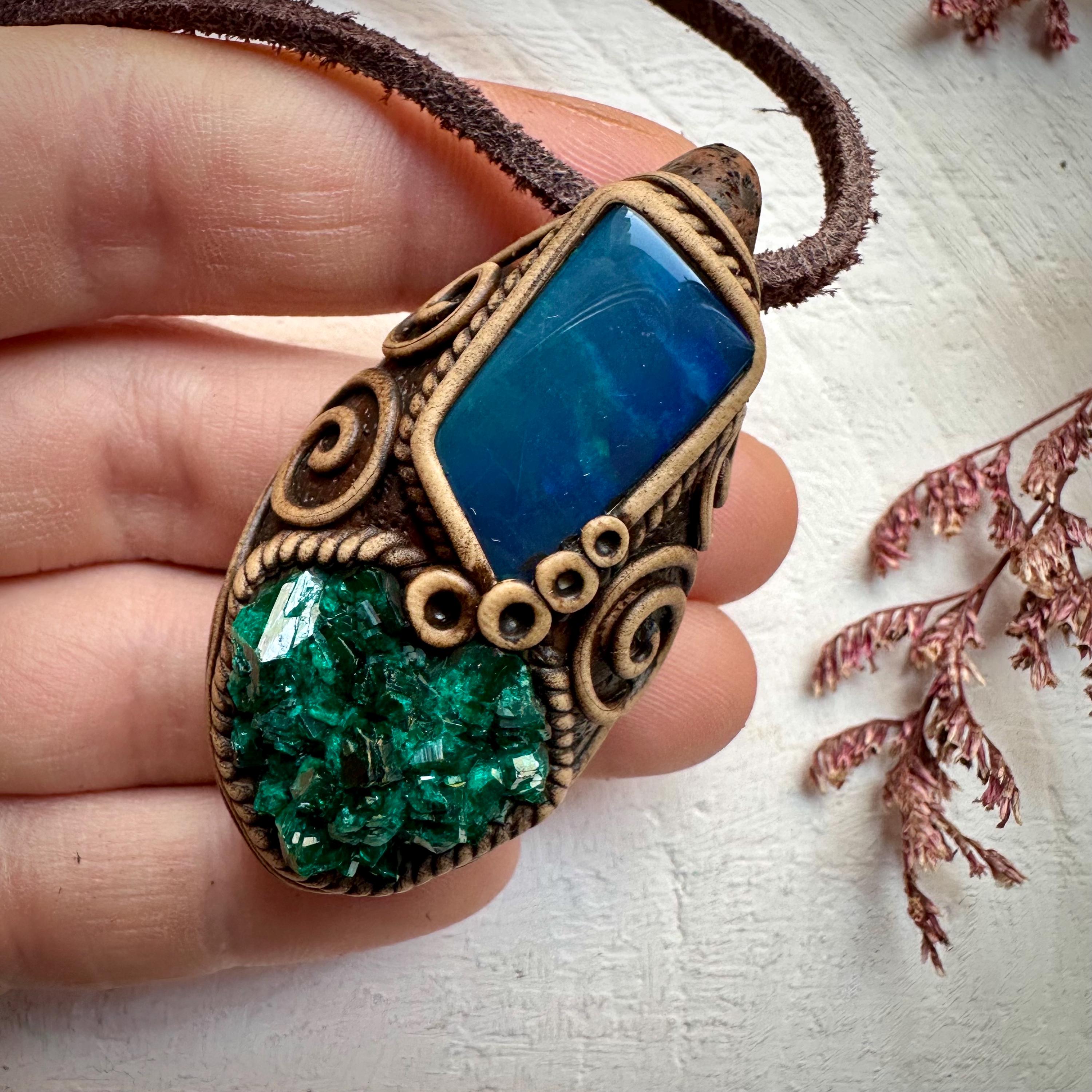 Dioptase and Australian Black Opal Doublet Necklace - FairyGardenGlow