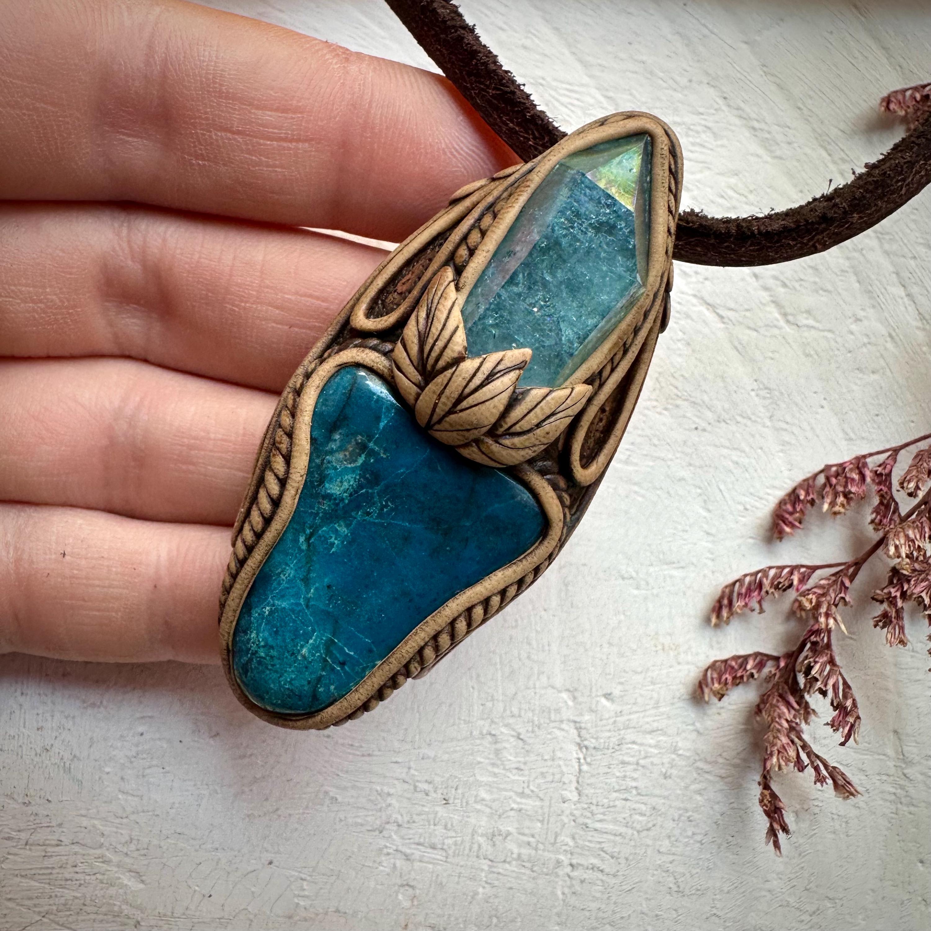 Shattuckite and Aqua Aura Quartz Pendant Necklace - FairyGardenGlow