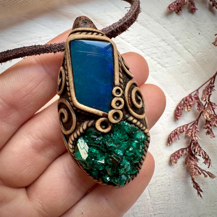 Dioptase and Australian Black Opal Doublet Necklace - FairyGardenGlow