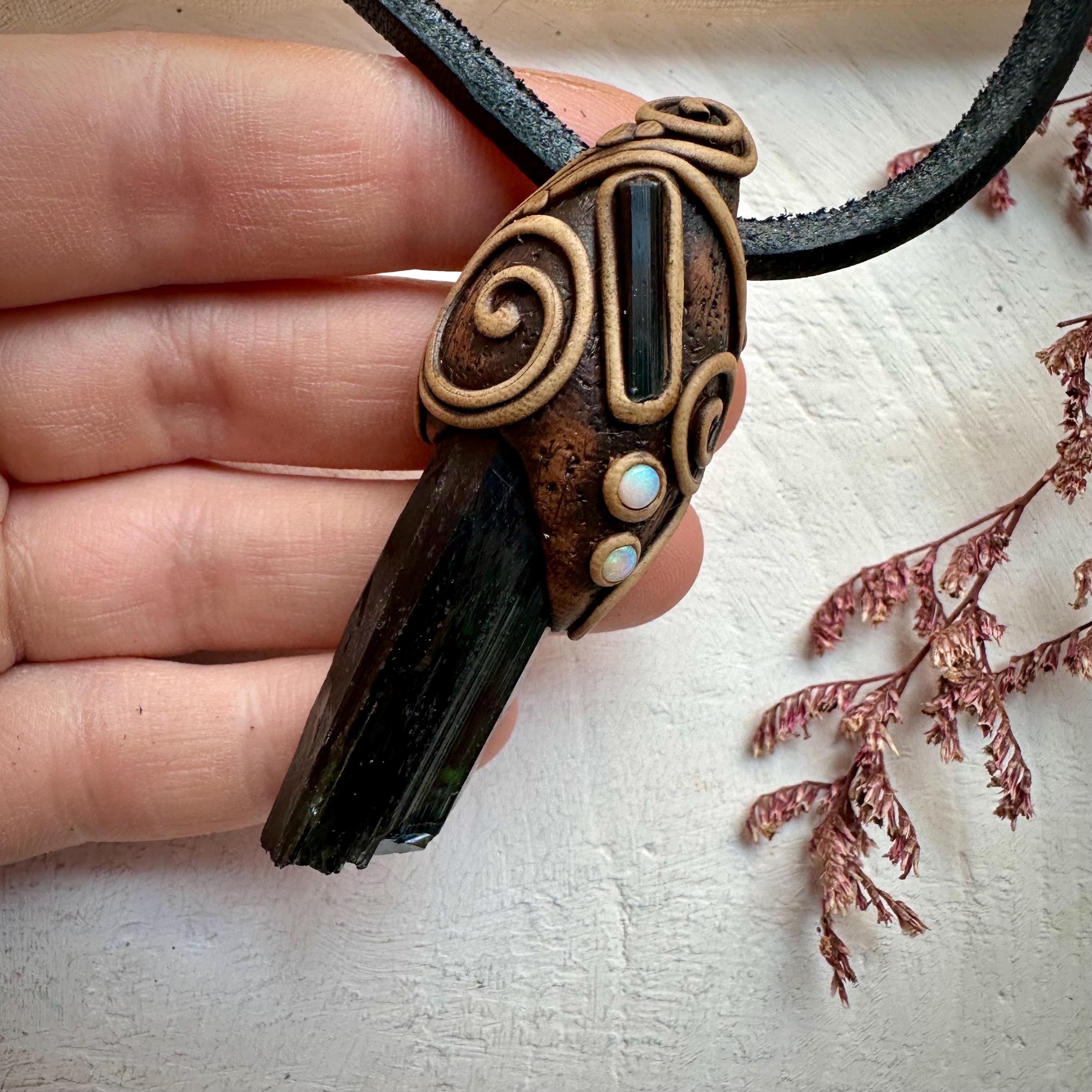 Vivianite Blue Tourmaline and Australian Opal Pendant Necklace - FairyGardenGlow