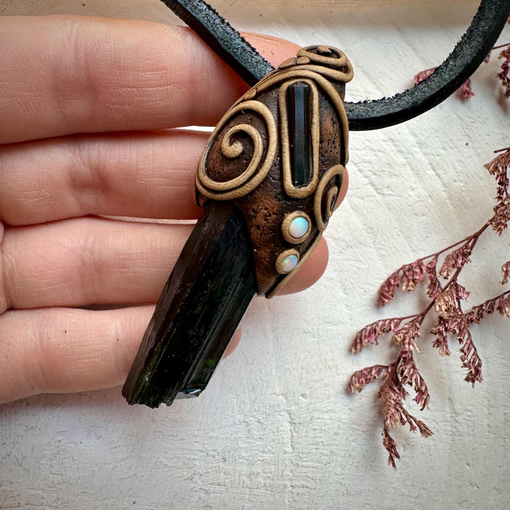 Vivianite Blue Tourmaline and Australian Opal Pendant Necklace - FairyGardenGlow