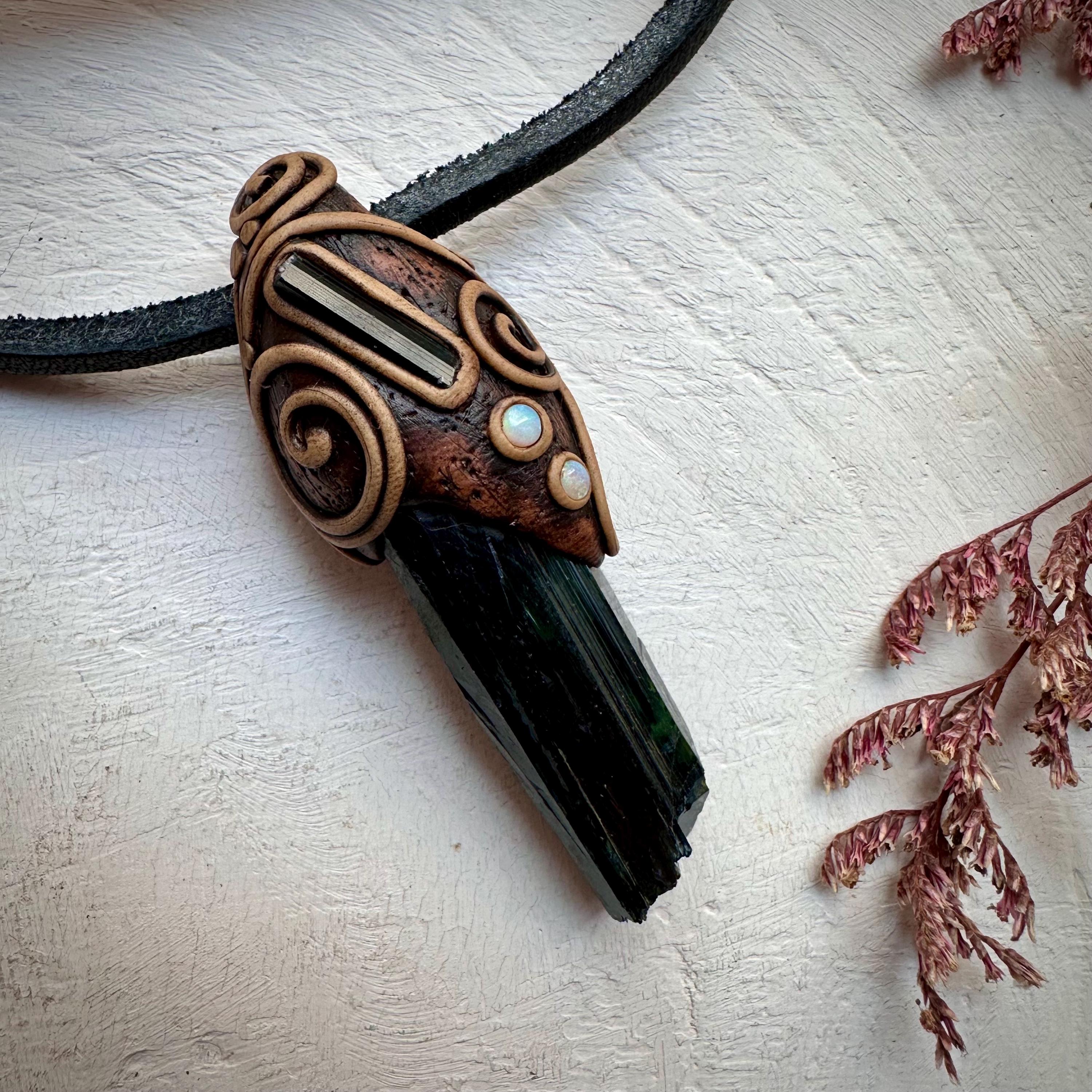 Vivianite Blue Tourmaline and Australian Opal Pendant Necklace - FairyGardenGlow