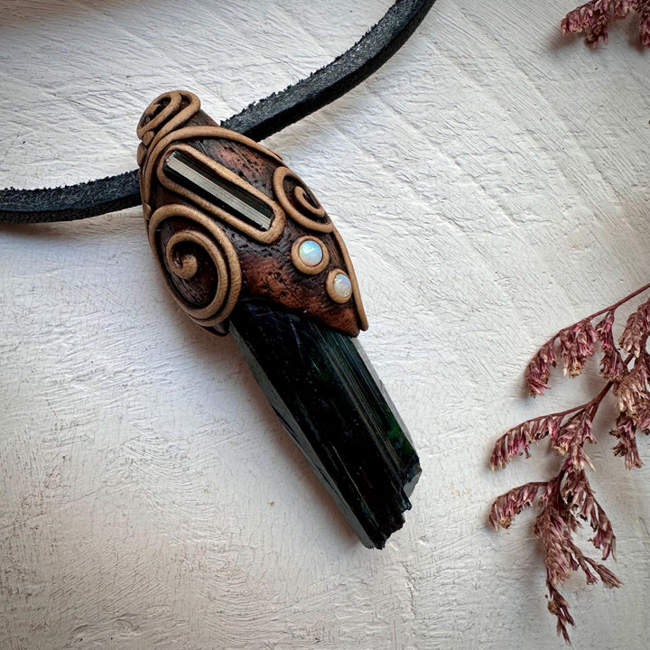 Vivianite Blue Tourmaline and Australian Opal Pendant Necklace - FairyGardenGlow