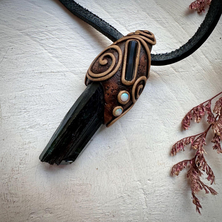 Vivianite Blue Tourmaline and Australian Opal Pendant Necklace - FairyGardenGlow