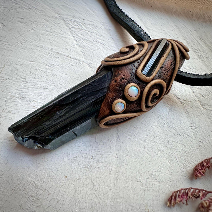 Vivianite Blue Tourmaline and Australian Opal Pendant Necklace - FairyGardenGlow