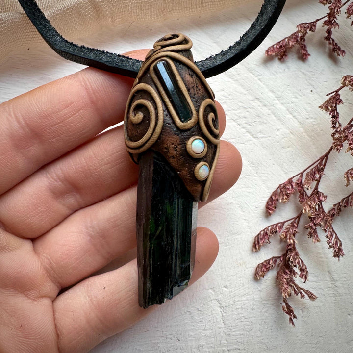 Vivianite Blue Tourmaline and Australian Opal Pendant Necklace - FairyGardenGlow