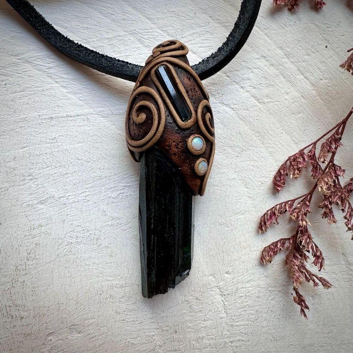 Vivianite Blue Tourmaline and Australian Opal Pendant Necklace - FairyGardenGlow