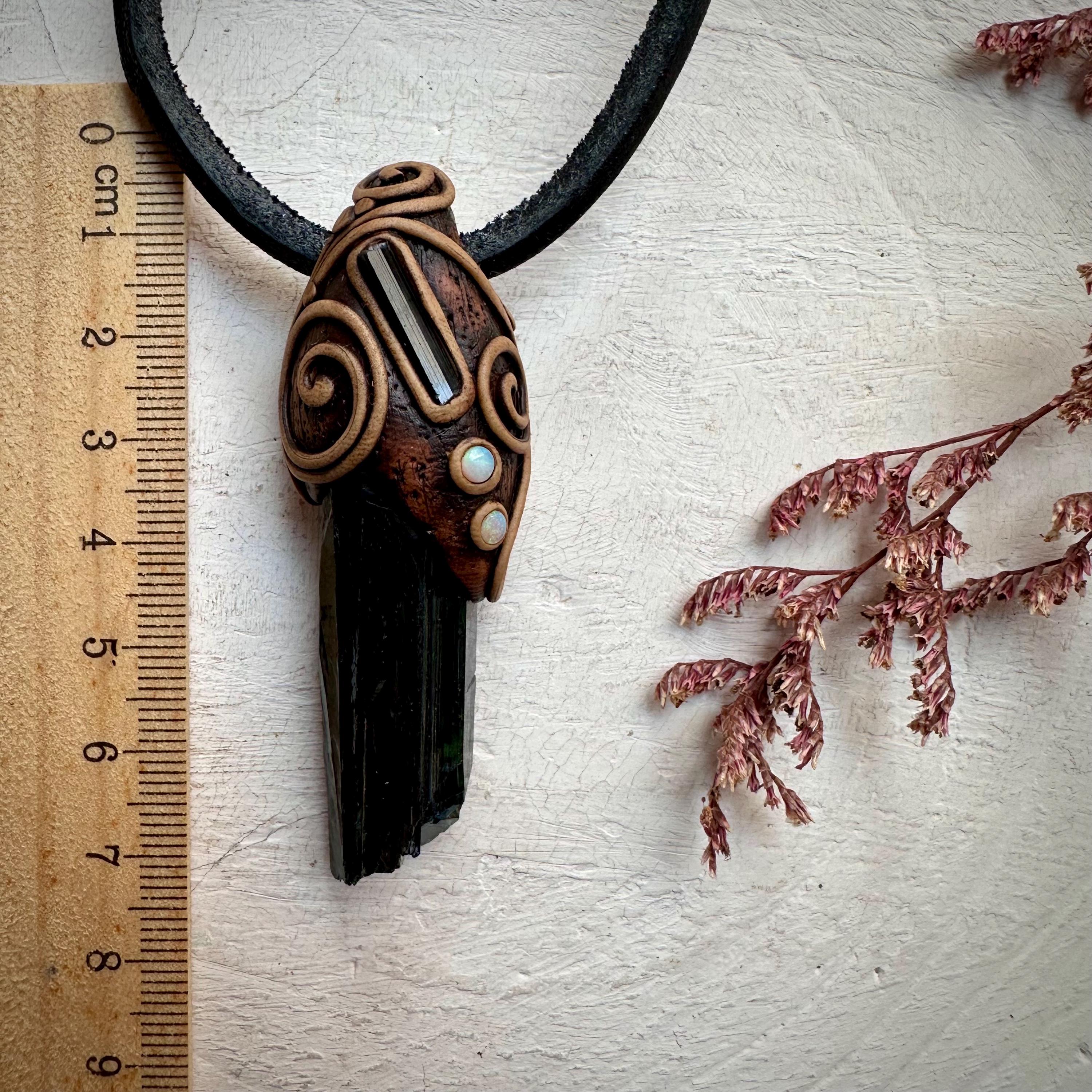 Vivianite Blue Tourmaline and Australian Opal Pendant Necklace - FairyGardenGlow