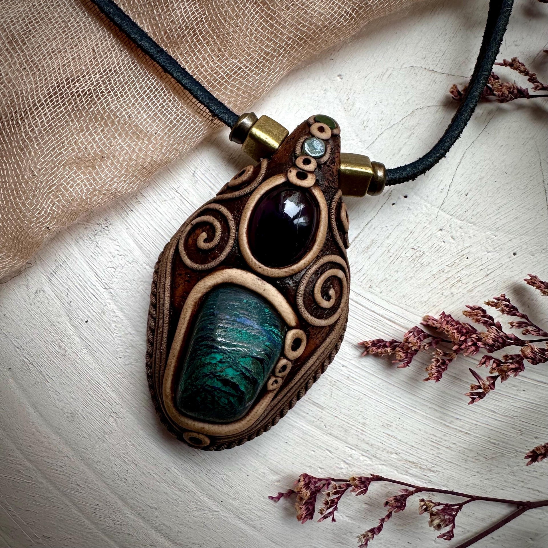 Azurite Malachite Amethyst and Emerald Necklace - FairyGardenGlow