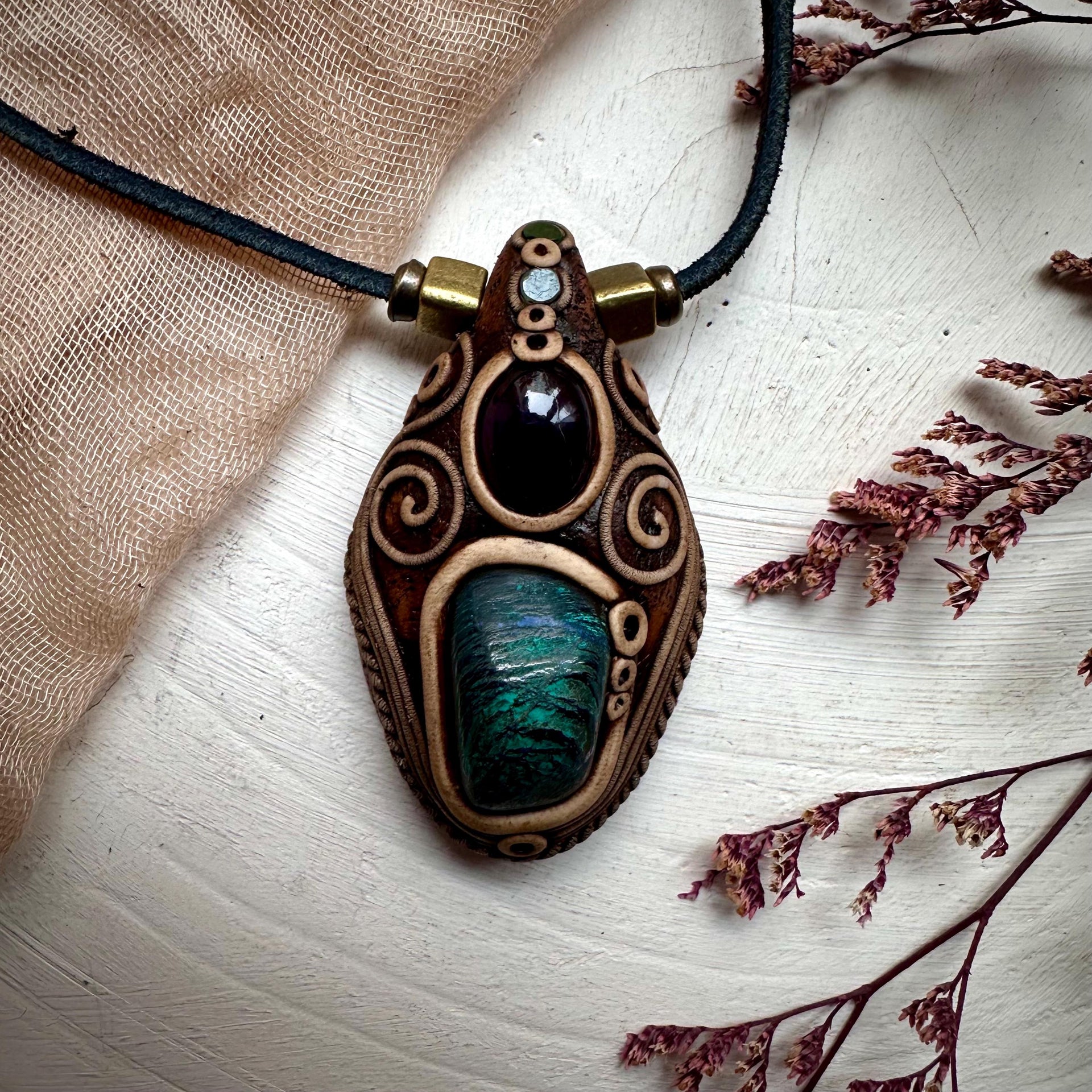 Azurite Malachite Amethyst and Emerald Necklace - FairyGardenGlow