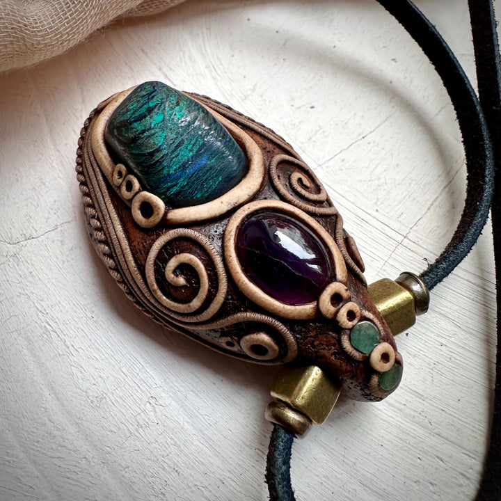 Azurite Malachite Amethyst and Emerald Necklace - FairyGardenGlow
