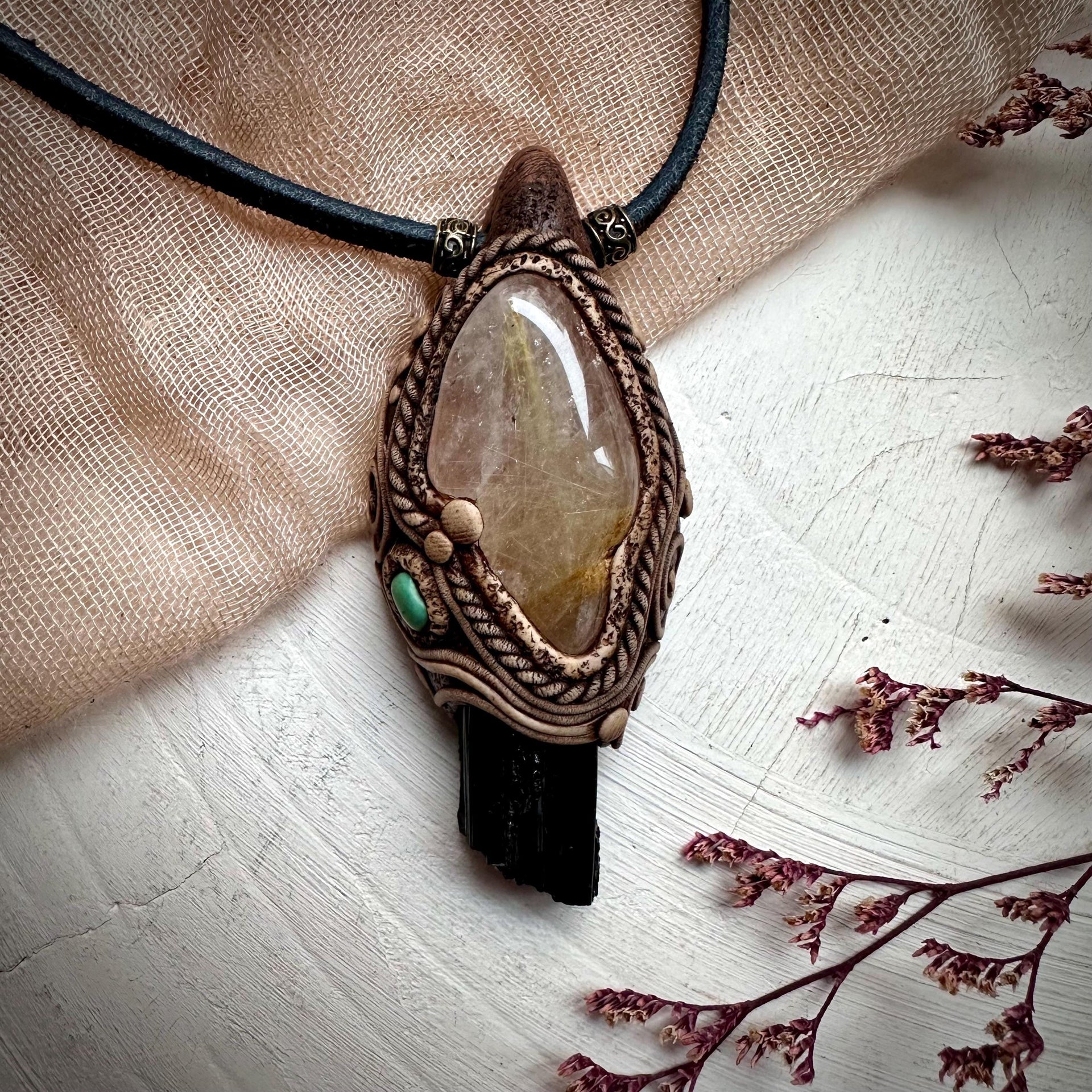 Rutilated Quartz Black Tourmaline and Tibetan Turquoise Necklace - FairyGardenGlow
