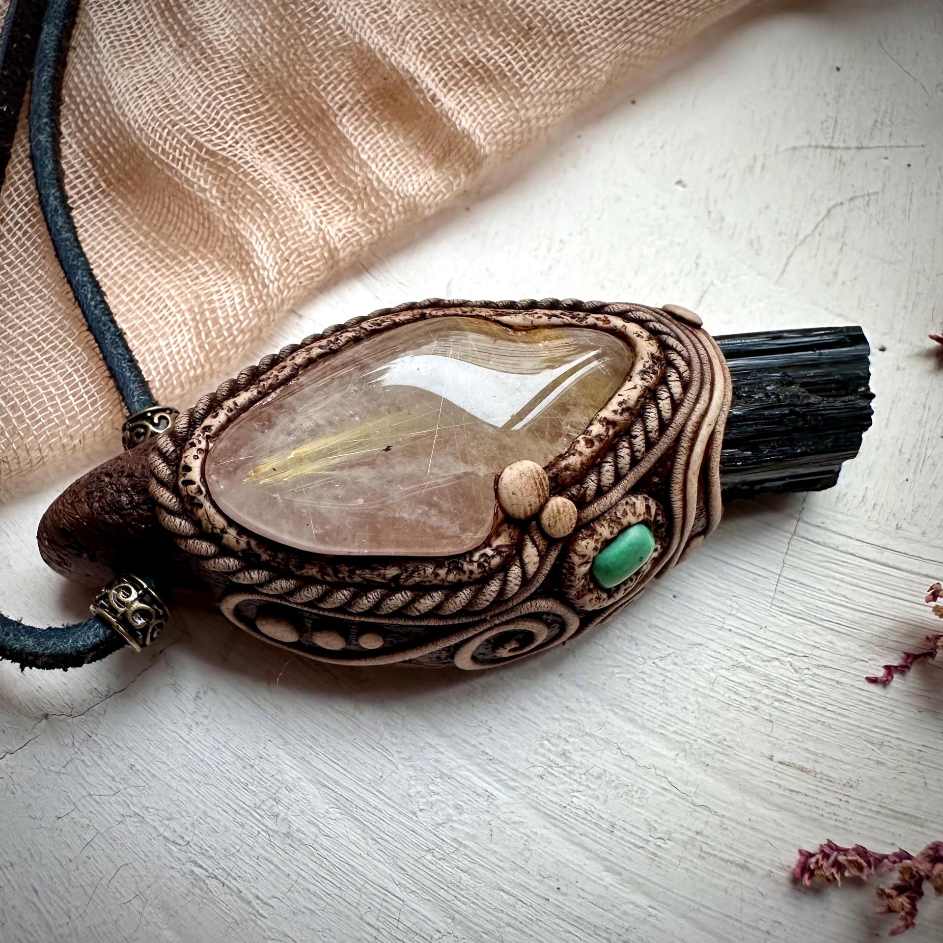 Rutilated Quartz Black Tourmaline and Tibetan Turquoise Necklace - FairyGardenGlow