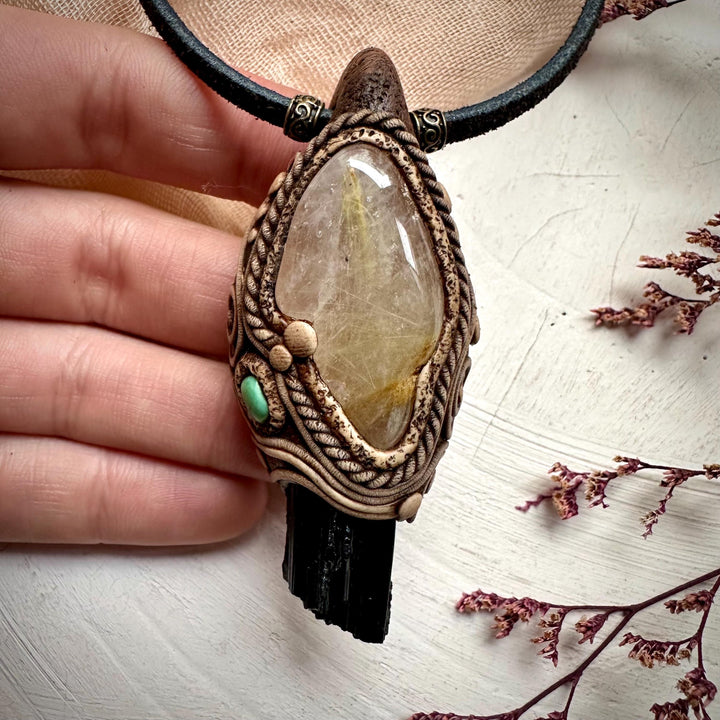 Rutilated Quartz Black Tourmaline and Tibetan Turquoise Necklace - FairyGardenGlow