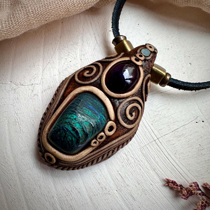 Azurite Malachite Amethyst and Emerald Necklace - FairyGardenGlow