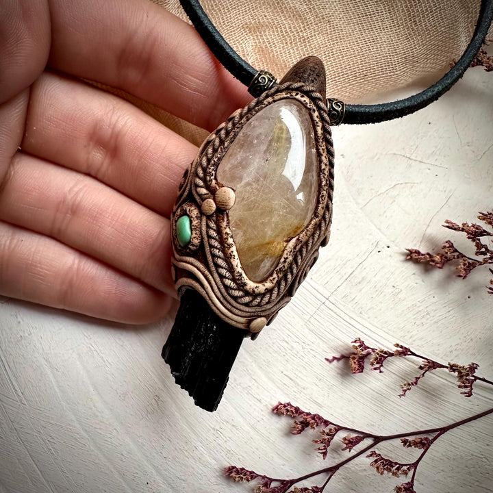 Rutilated Quartz Black Tourmaline and Tibetan Turquoise Necklace - FairyGardenGlow