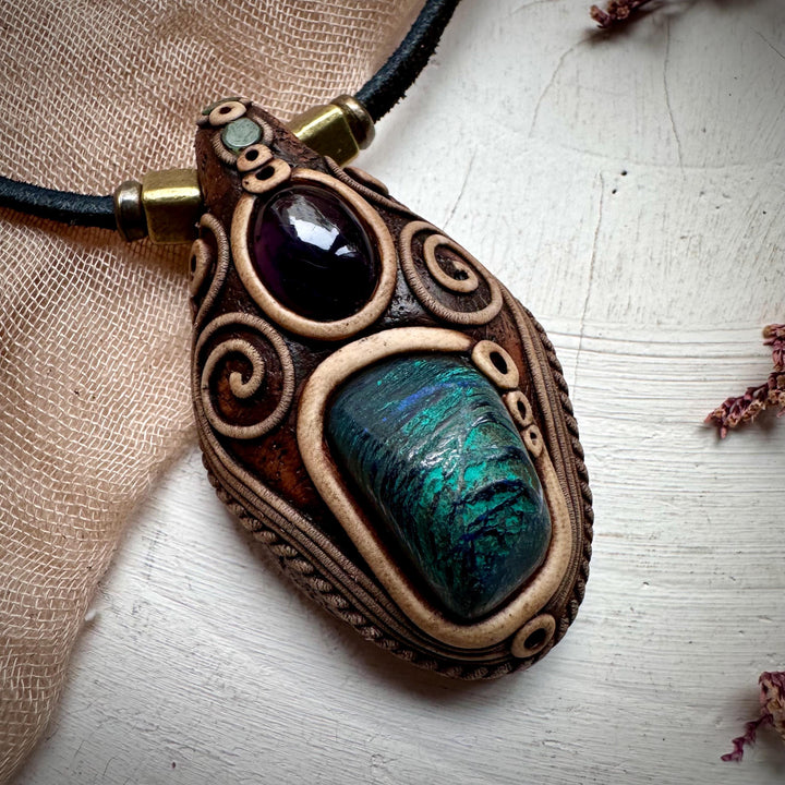 Azurite Malachite Amethyst and Emerald Necklace - FairyGardenGlow
