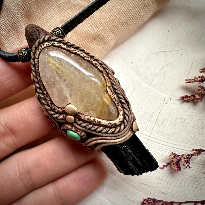 Rutilated Quartz Black Tourmaline and Tibetan Turquoise Necklace - FairyGardenGlow