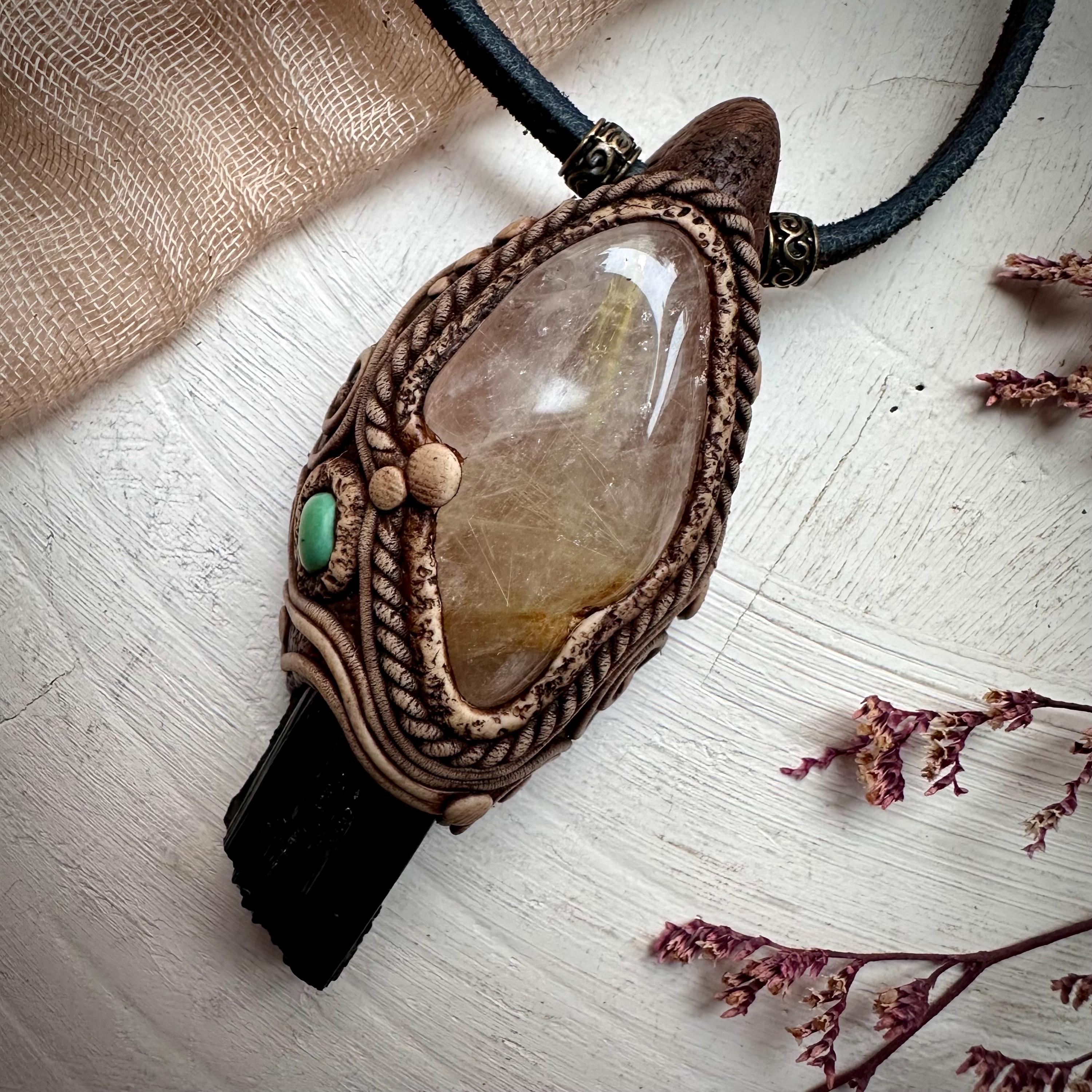 Rutilated Quartz Black Tourmaline and Tibetan Turquoise Necklace - FairyGardenGlow