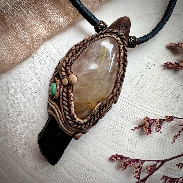 Rutilated Quartz Black Tourmaline and Tibetan Turquoise Necklace - FairyGardenGlow