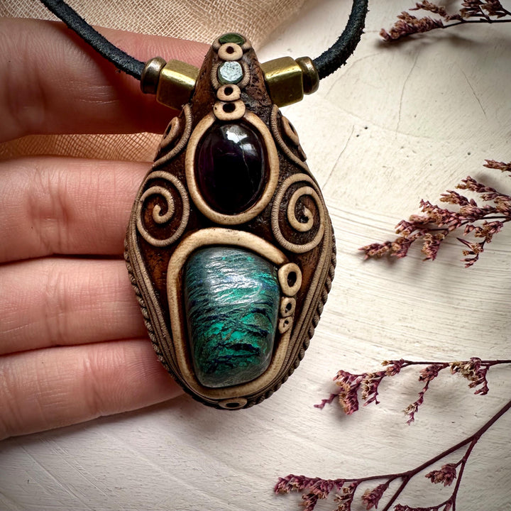 Azurite Malachite Amethyst and Emerald Necklace - FairyGardenGlow
