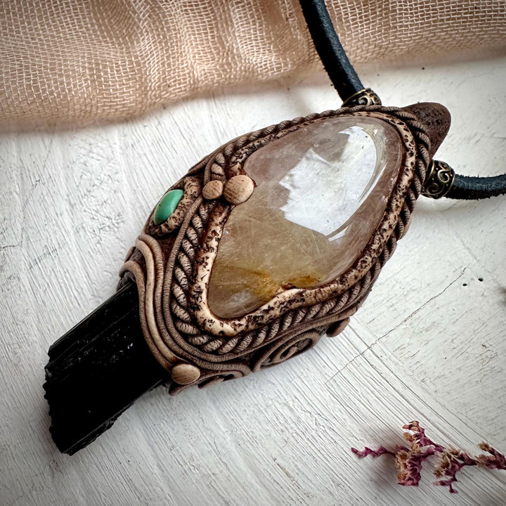 Rutilated Quartz Black Tourmaline and Tibetan Turquoise Necklace - FairyGardenGlow