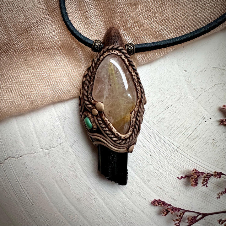 Rutilated Quartz Black Tourmaline and Tibetan Turquoise Necklace - FairyGardenGlow