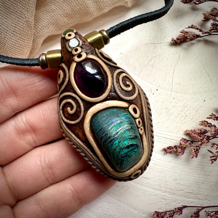 Azurite Malachite Amethyst and Emerald Necklace - FairyGardenGlow