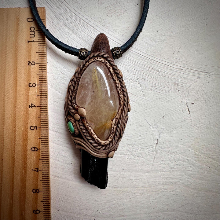 Rutilated Quartz Black Tourmaline and Tibetan Turquoise Necklace - FairyGardenGlow