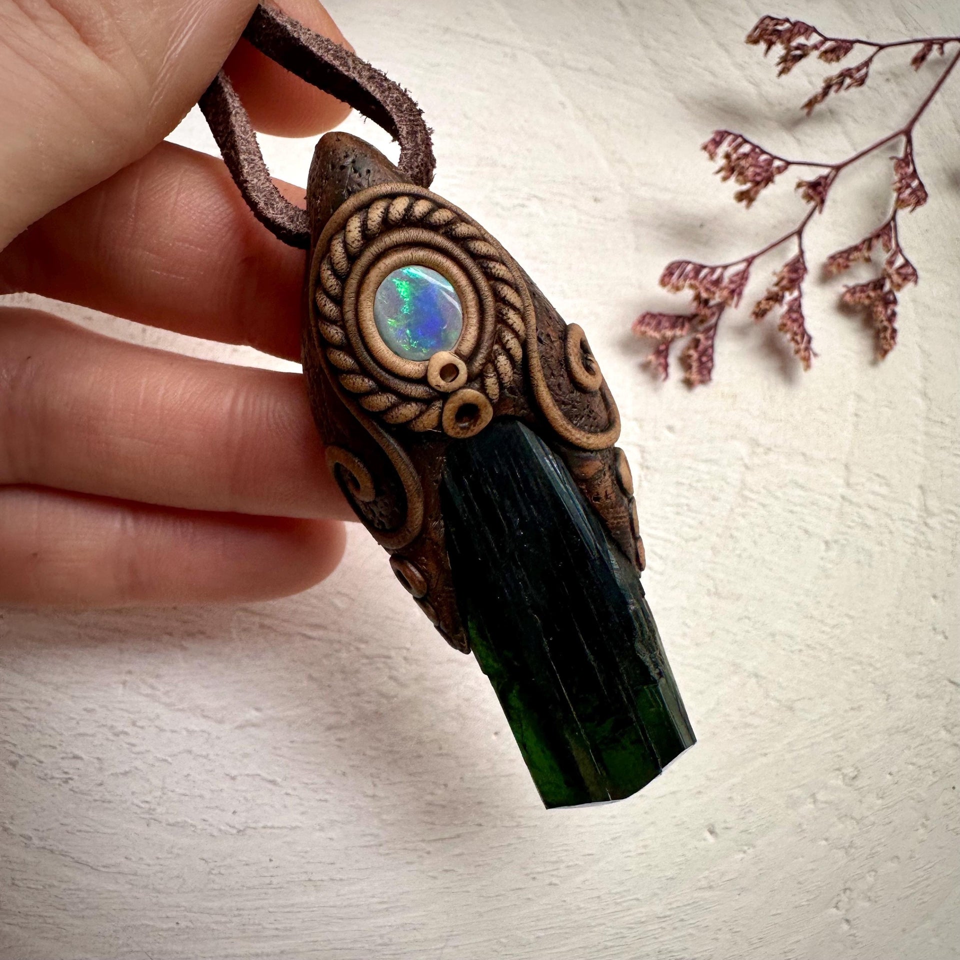 Vivianite and Semi Black Australian Opal Pendant Necklace - FairyGardenGlow