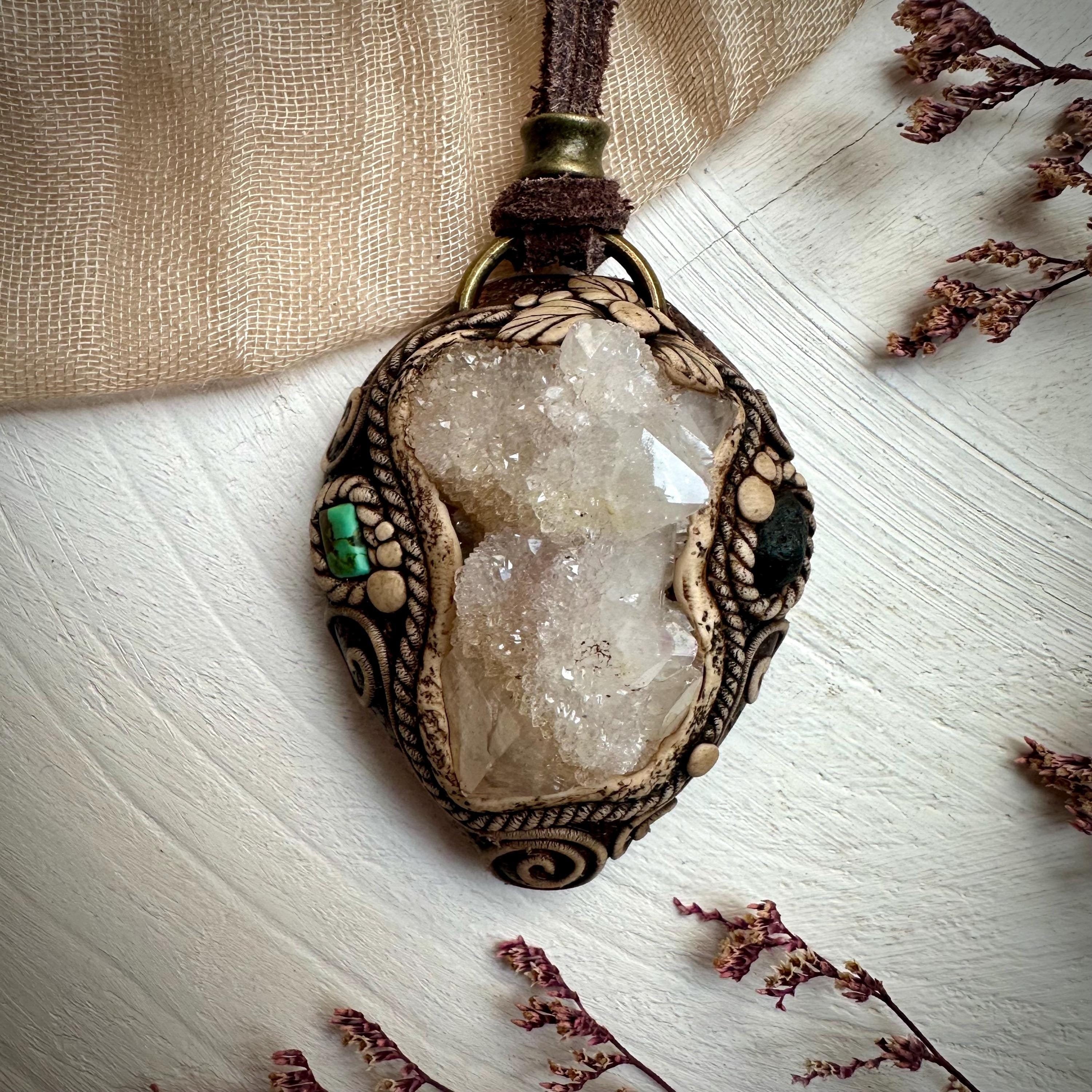 Spirit Quartz Cluster Tibetan Turquoise and Tektite Pendant Necklace - FairyGardenGlow