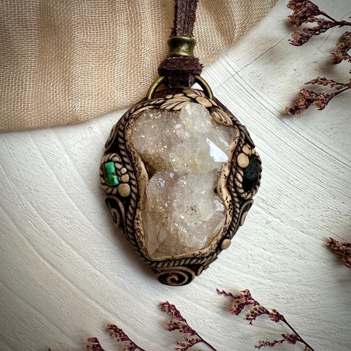 Spirit Quartz Cluster Tibetan Turquoise and Tektite Pendant Necklace - FairyGardenGlow