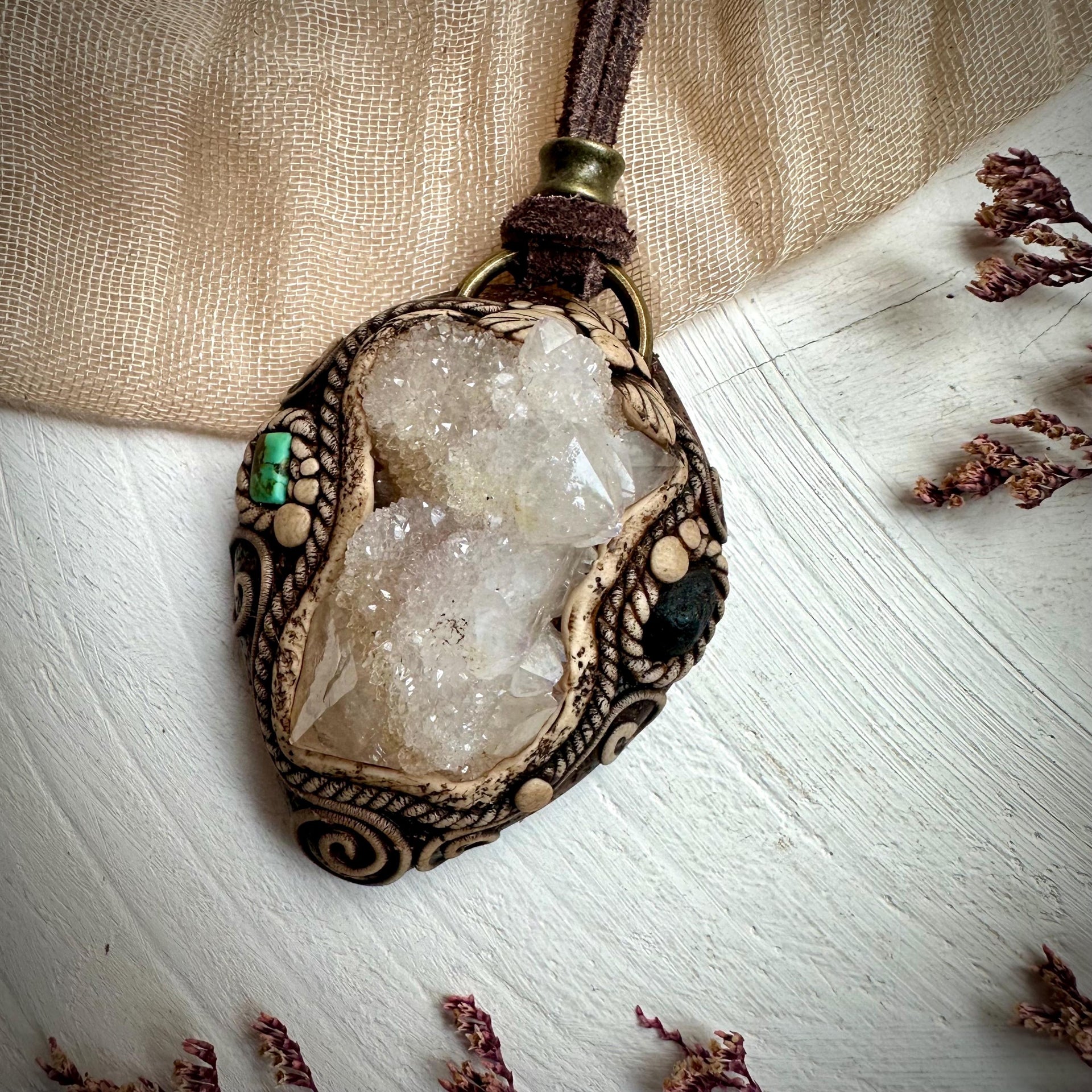Spirit Quartz Cluster Tibetan Turquoise and Tektite Pendant Necklace - FairyGardenGlow
