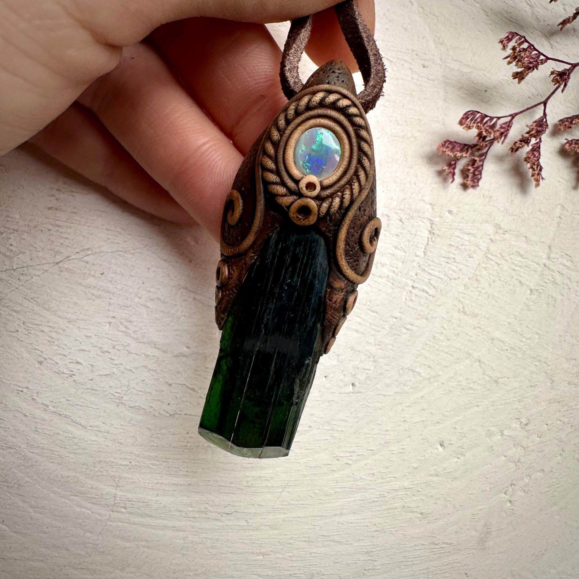 Vivianite and Semi Black Australian Opal Pendant Necklace - FairyGardenGlow