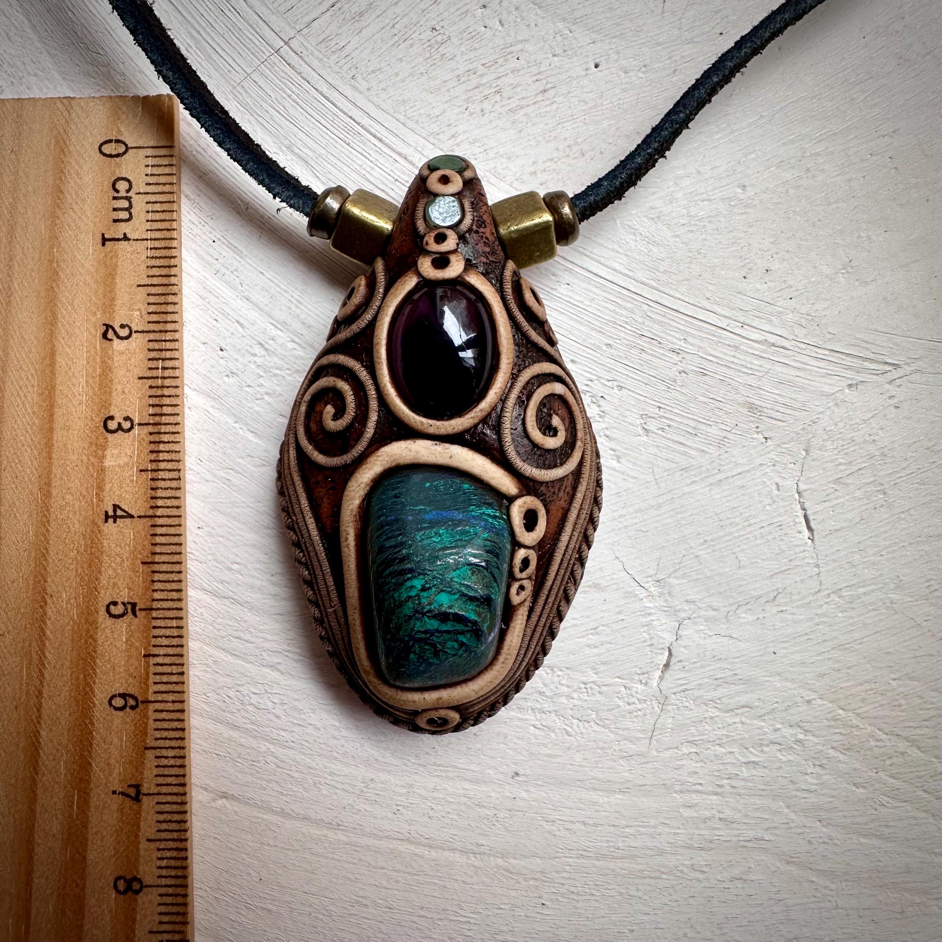 Azurite Malachite Amethyst and Emerald Necklace - FairyGardenGlow