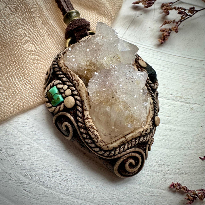 Spirit Quartz Cluster Tibetan Turquoise and Tektite Pendant Necklace - FairyGardenGlow