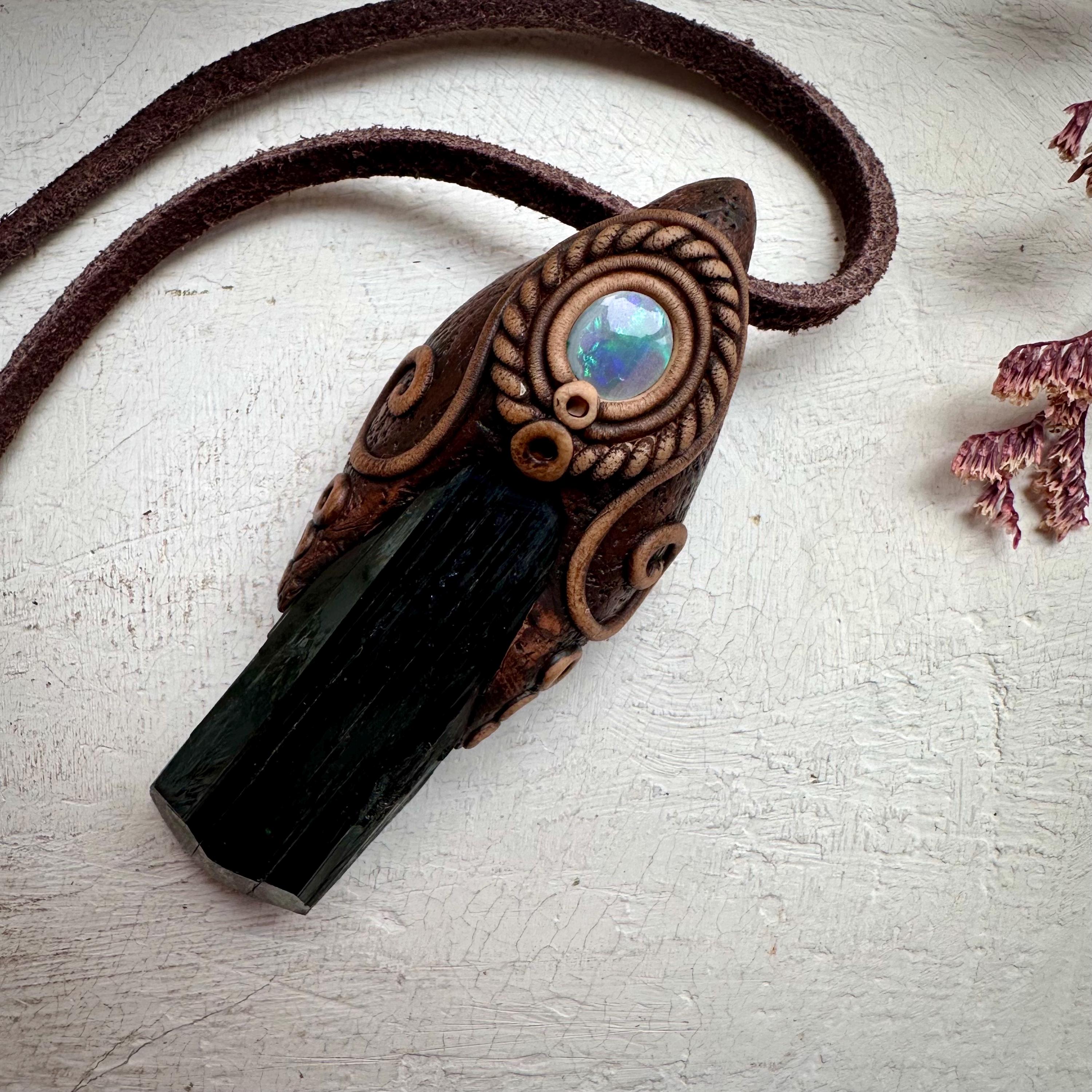 Vivianite and Semi Black Australian Opal Pendant Necklace - FairyGardenGlow