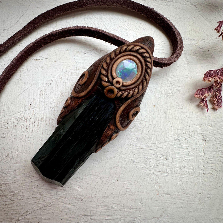 Vivianite and Semi Black Australian Opal Pendant Necklace - FairyGardenGlow
