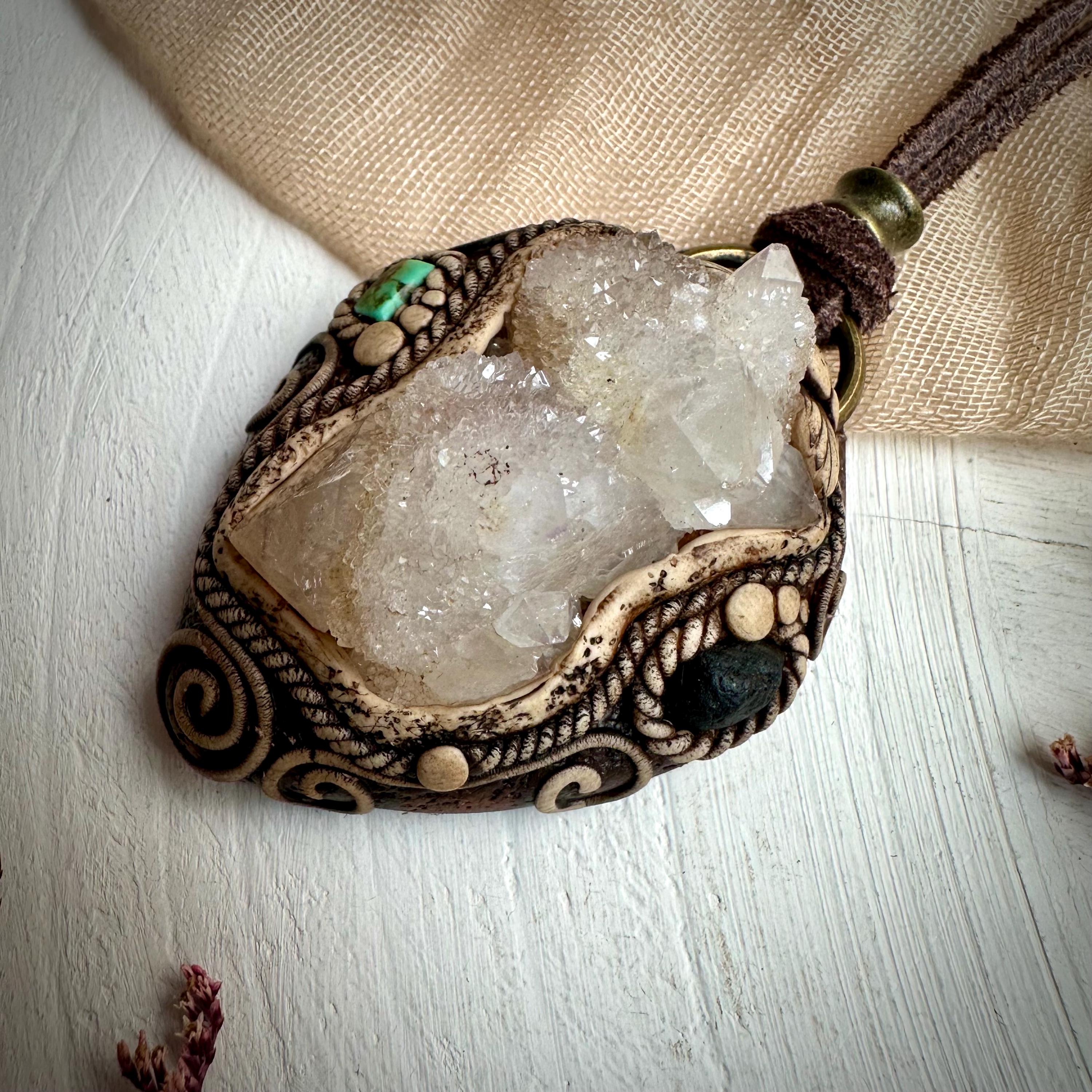 Spirit Quartz Cluster Tibetan Turquoise and Tektite Pendant Necklace - FairyGardenGlow
