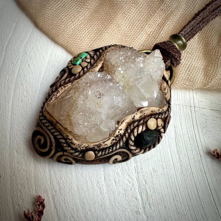 Spirit Quartz Cluster Tibetan Turquoise and Tektite Pendant Necklace - FairyGardenGlow