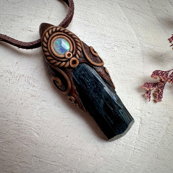 Vivianite and Semi Black Australian Opal Pendant Necklace - FairyGardenGlow